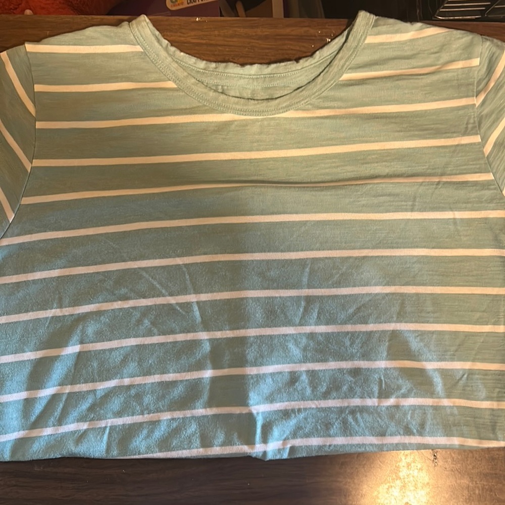 Blue and white striped short sleeved top